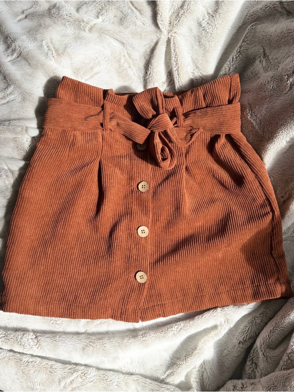 Paperbag Tie-Waist Corduroy Mini Skirt in Rust